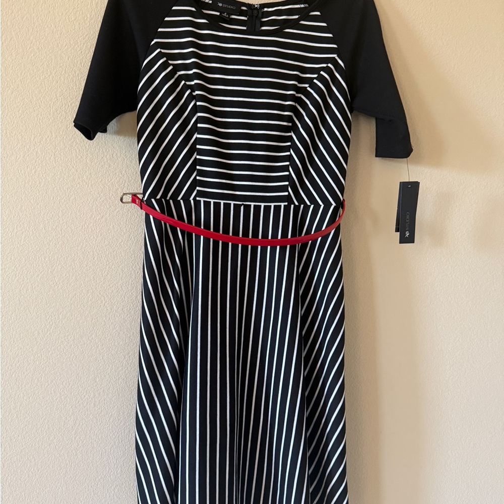 Black and White Striped Dress with Red Belt